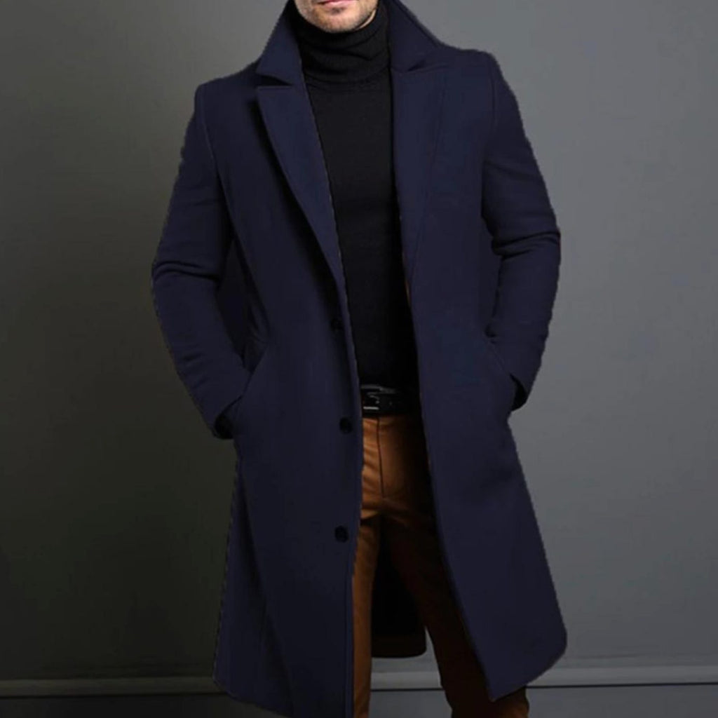 Men's Wool Notched-Lapel Longline Button-Front Overcoat - Navy Blue