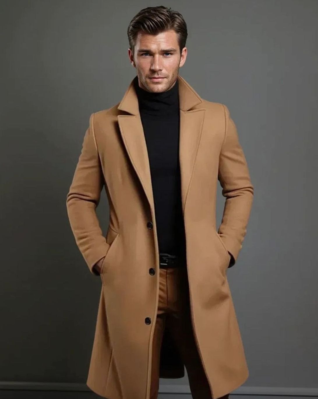 Men's Wool Notched-Lapel Longline Button-Front Overcoat