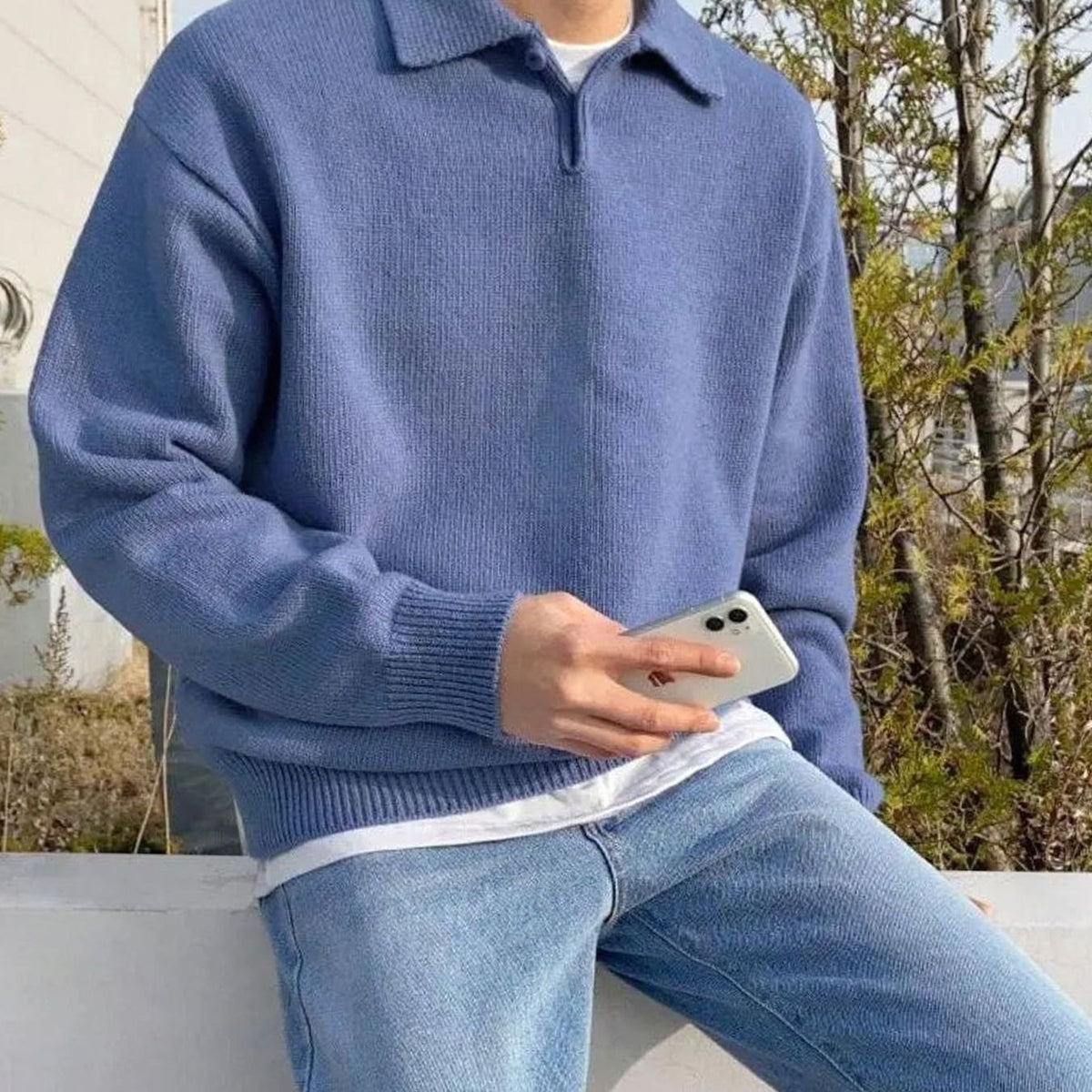 Men's Wool Quarter-Zip Collared Knit Pullover Sweater - Blue