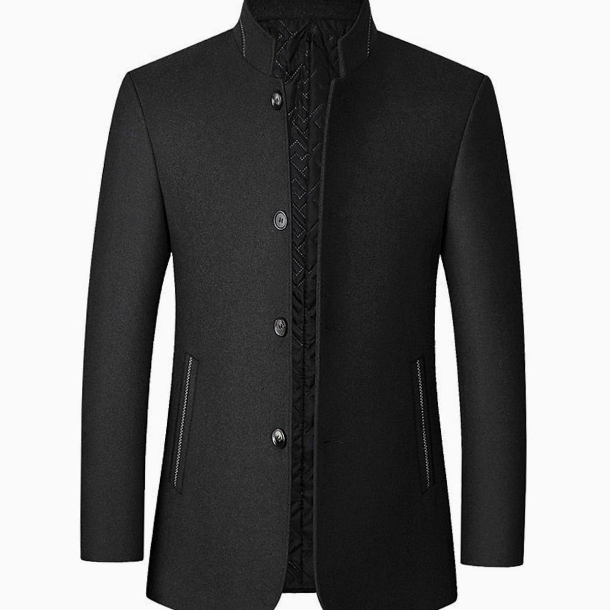 Men's Wool Stand-Collar Tailored Button-Front Overcoat - Black
