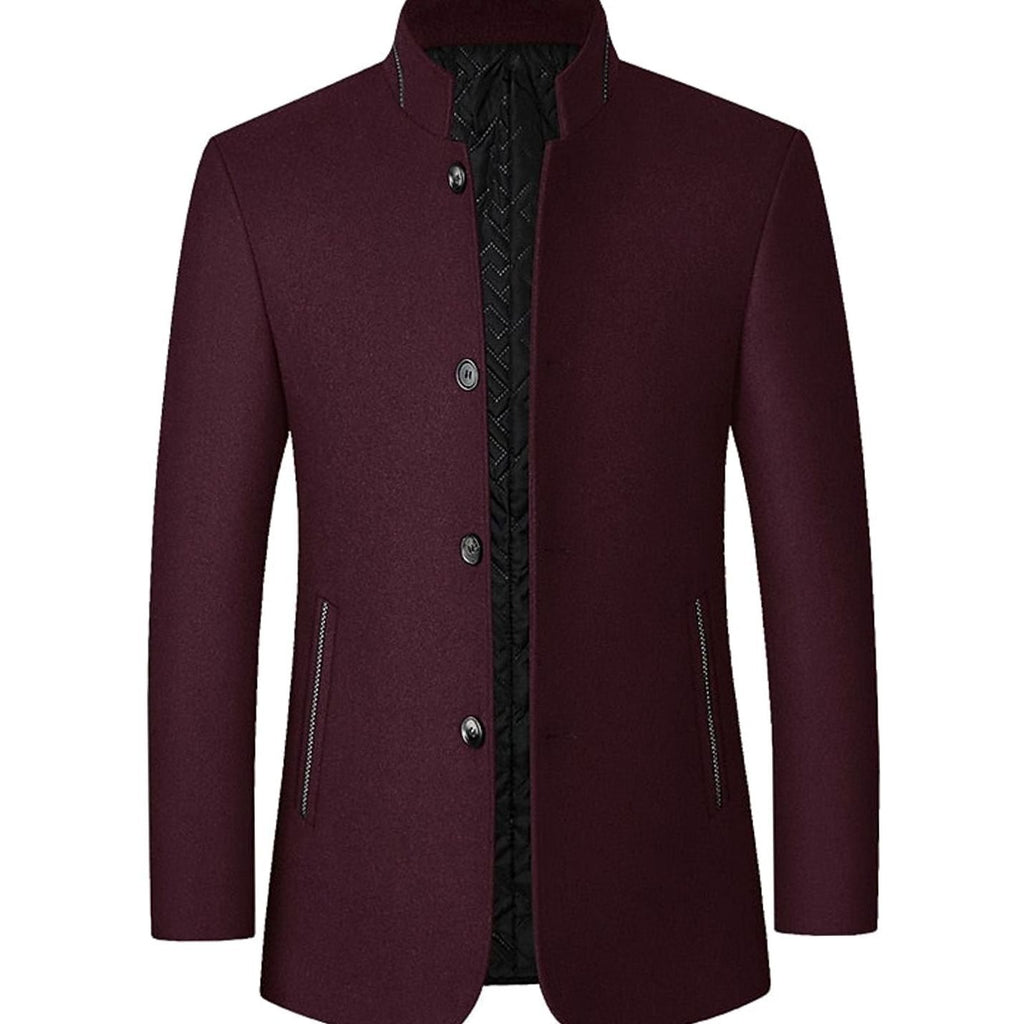 Men's Wool Stand-Collar Tailored Button-Front Overcoat - Wine