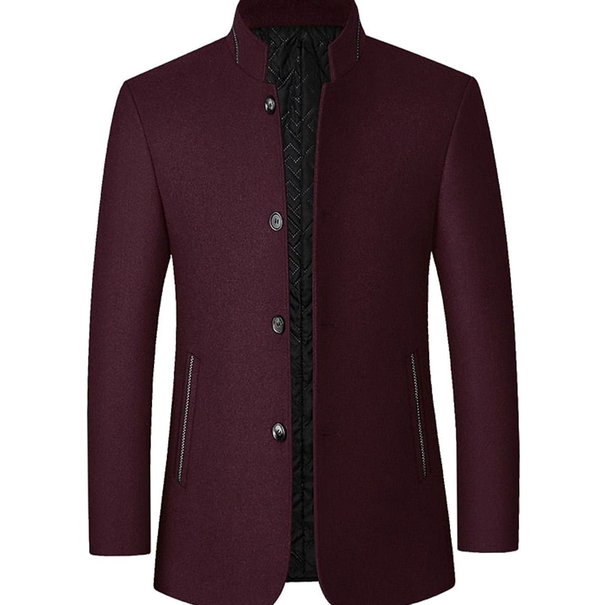 Men's Wool Stand-Collar Tailored Button-Front Overcoat - Wine