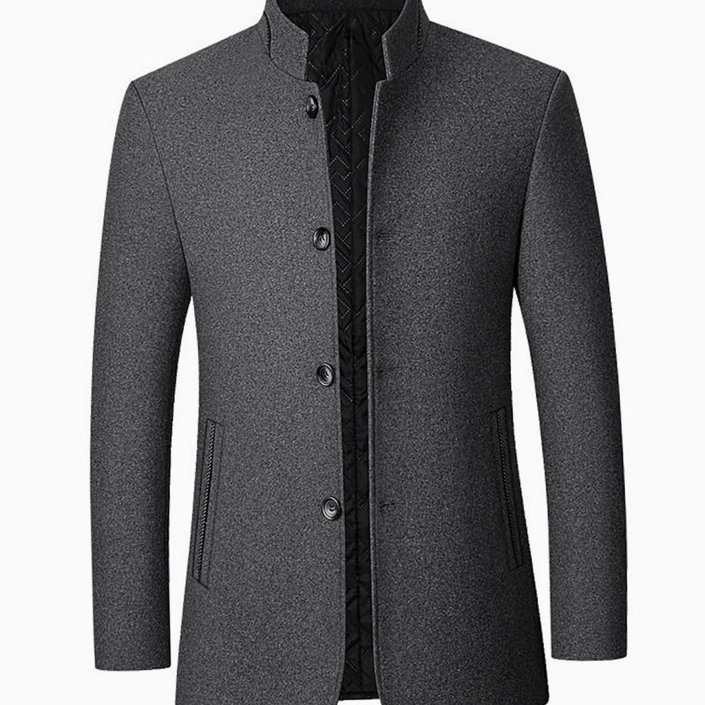 Men's Wool Stand-Collar Tailored Button-Front Overcoat - Gray