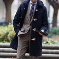 Men's Wool Toggle Hooded Overcoat Long Duffle Coat - Dark Blue