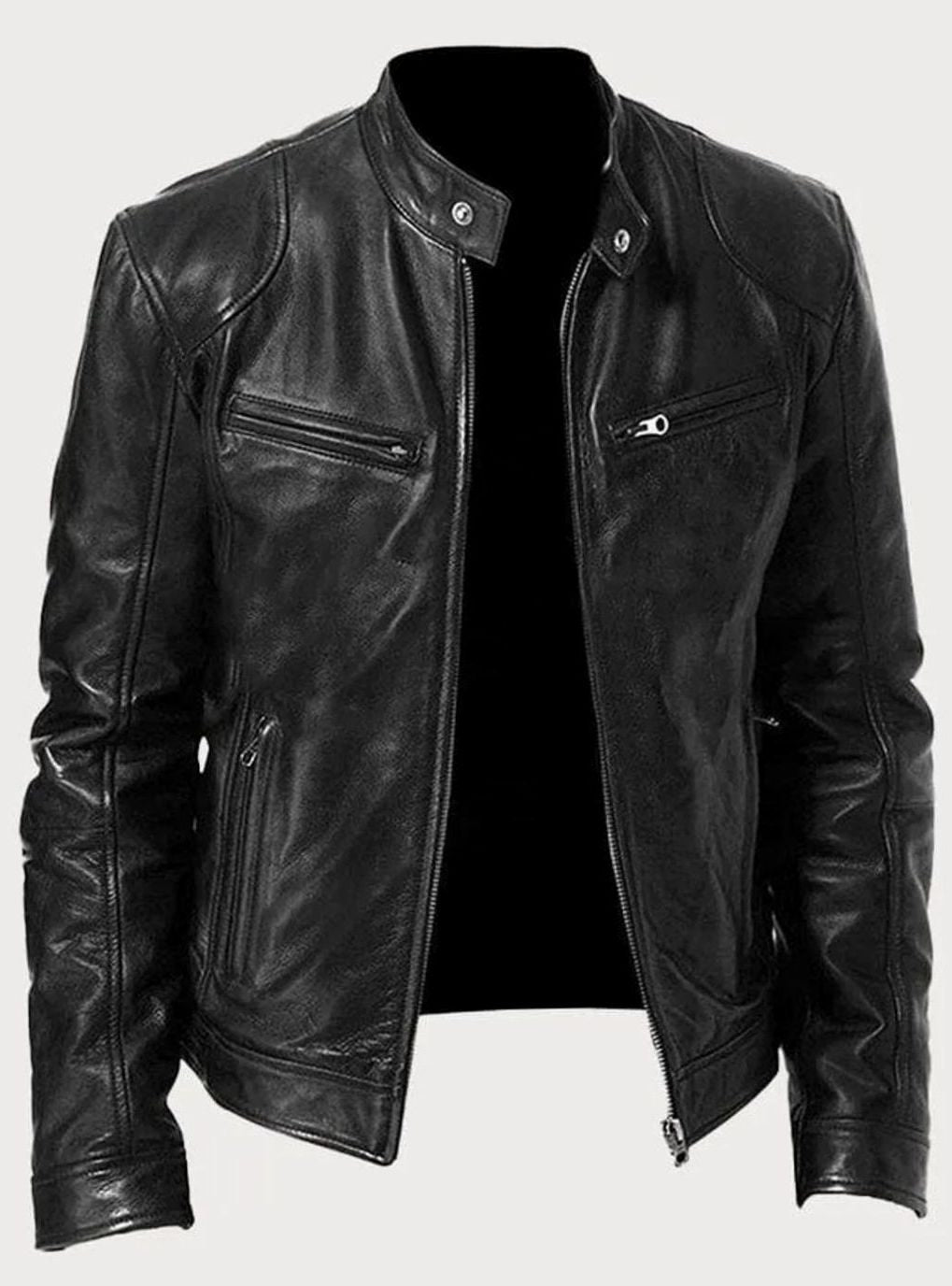 Men's Zip-Up Faux Leather Biker Casual Jacket - Black
