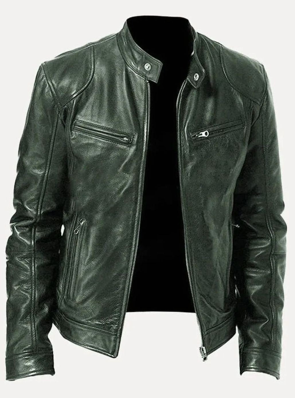 Men's Zip-Up Faux Leather Biker Casual Jacket - Green