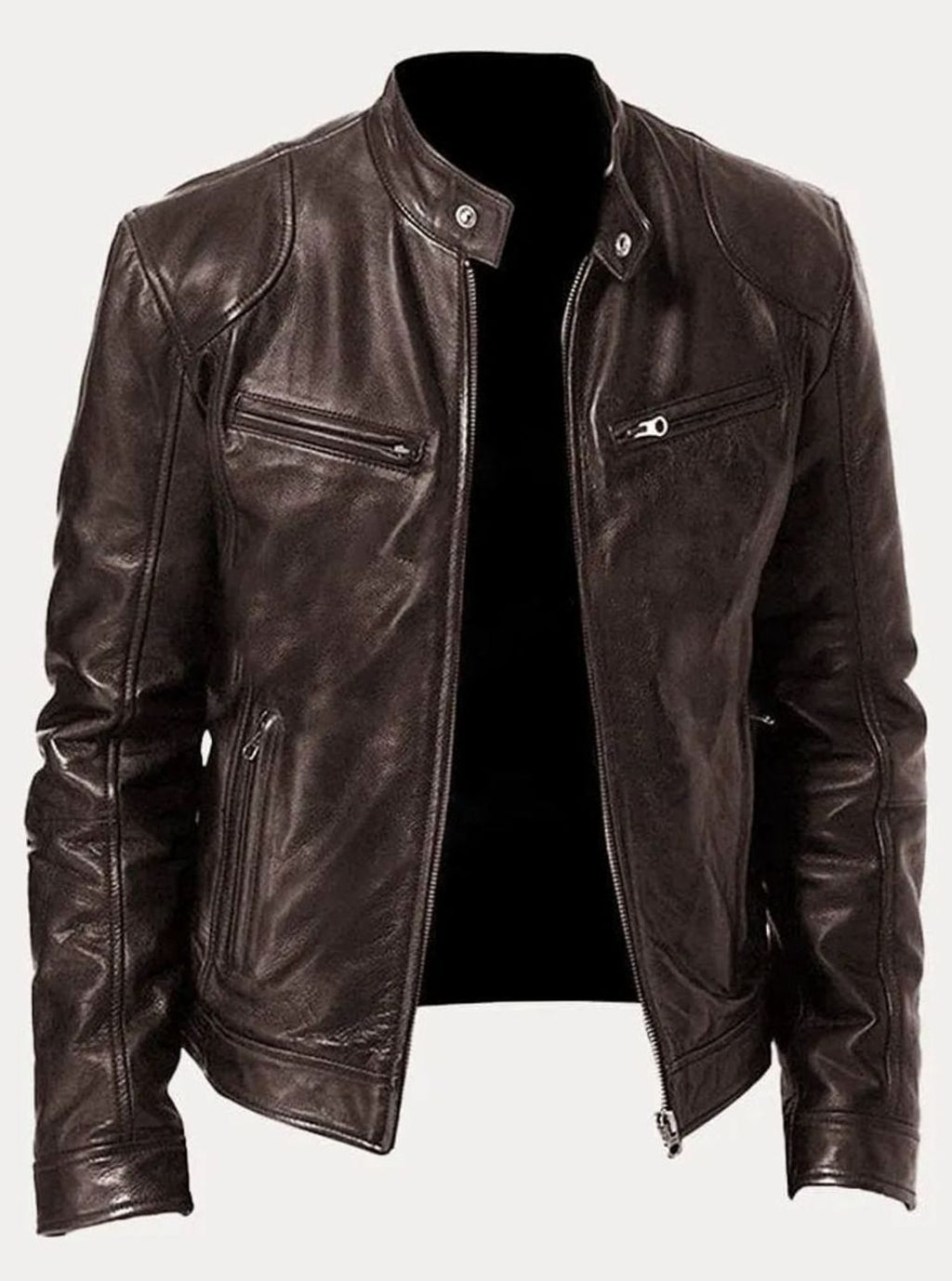 Men's Zip-Up Faux Leather Biker Casual Jacket - Brown