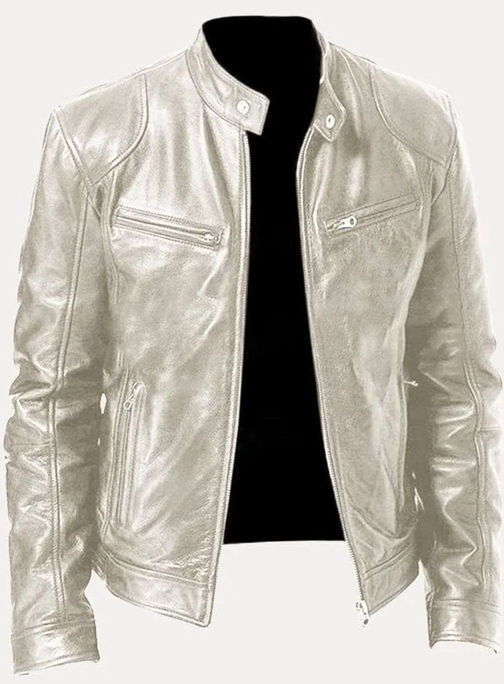 Men's Zip-Up Faux Leather Biker Casual Jacket - Silver