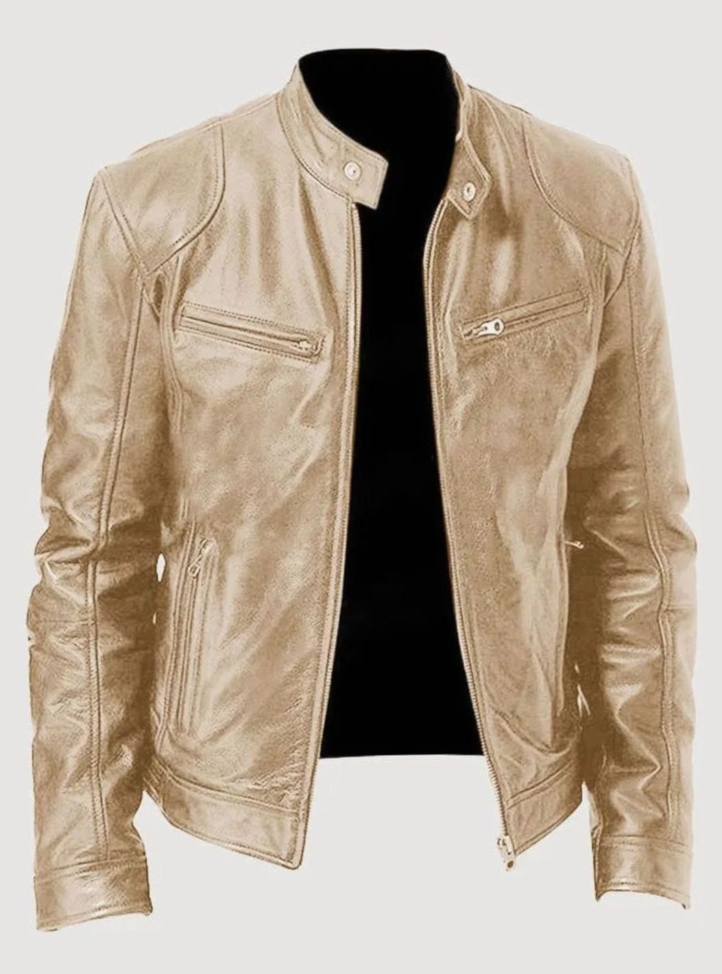 Men's Zip-Up Faux Leather Biker Casual Jacket - Gold