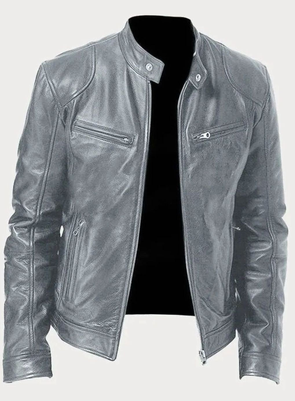 Men's Zip-Up Faux Leather Biker Casual Jacket - Gray