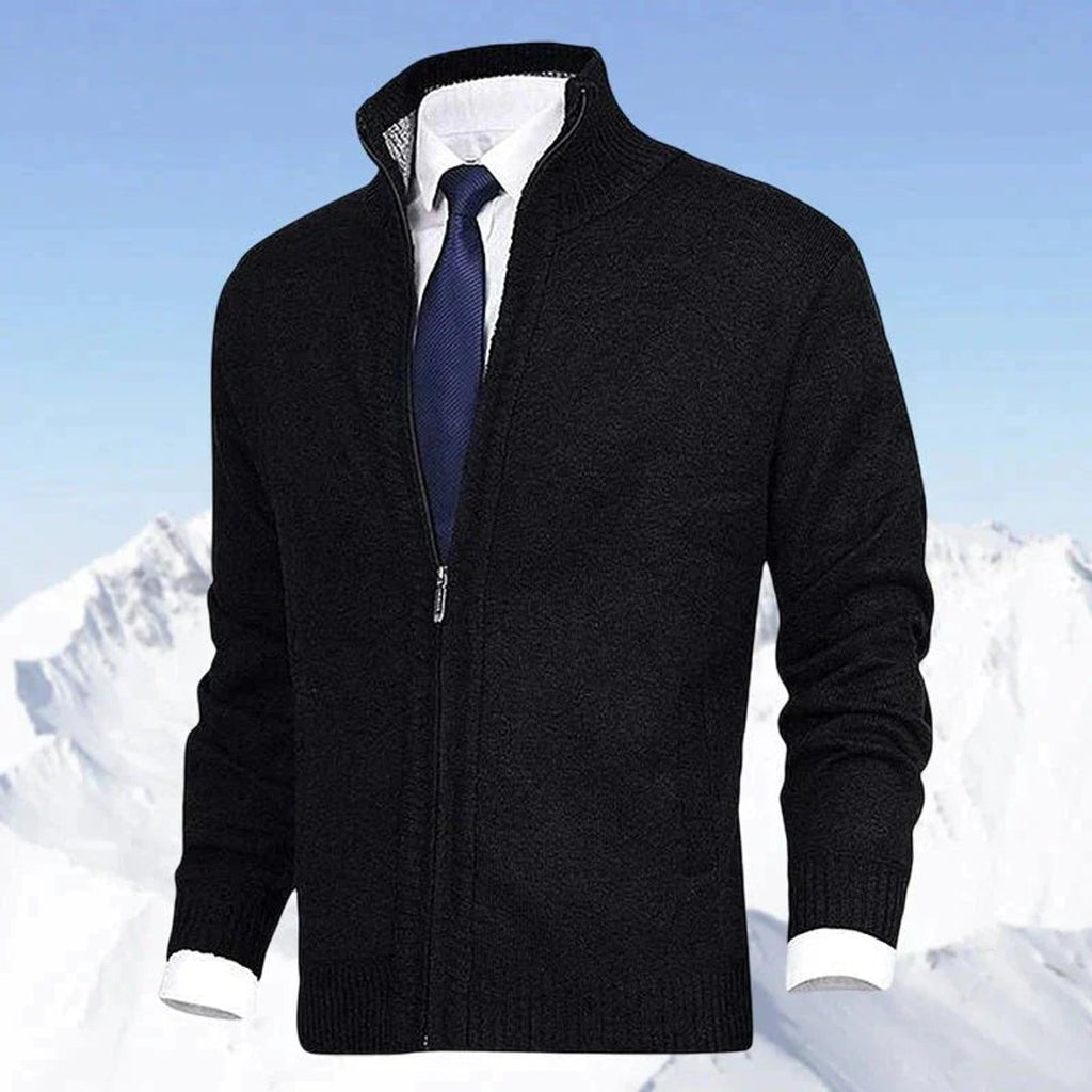 Men's Zip-Up Fleece-Lined Knit Mens Cardigan Sweater - Black