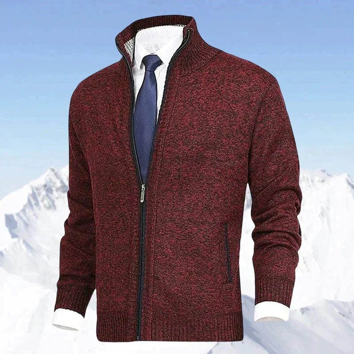 Men's Zip-Up Fleece-Lined Knit Mens Cardigan Sweater - Red