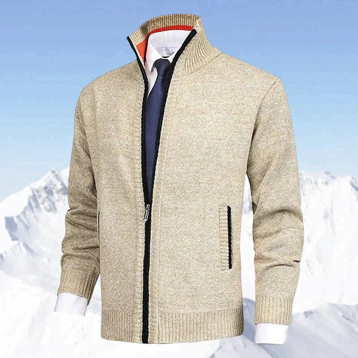 Men's Zip-Up Fleece-Lined Knit Mens Cardigan Sweater - Beige