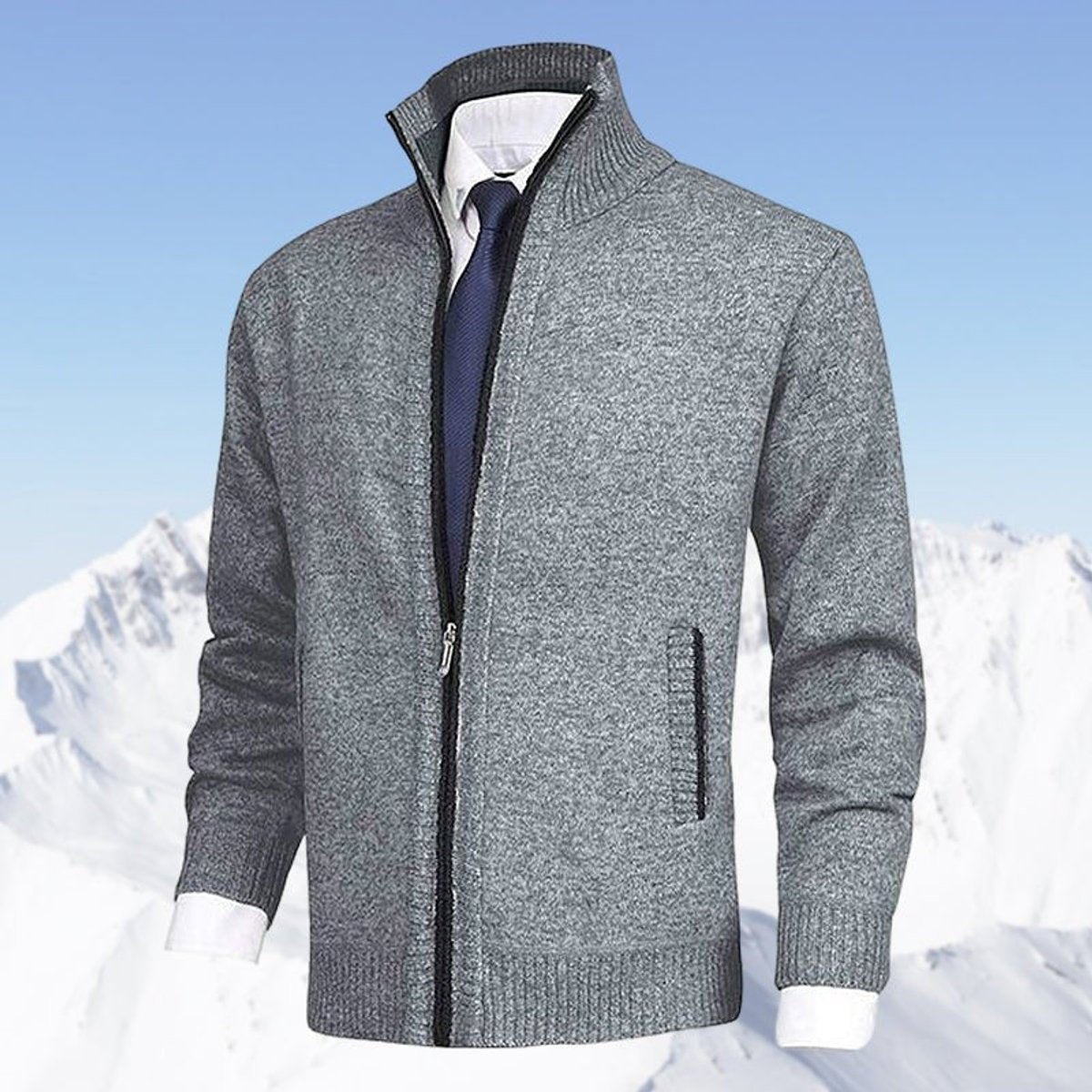 Men's Zip-Up Fleece-Lined Knit Mens Cardigan Sweater - Light Gray