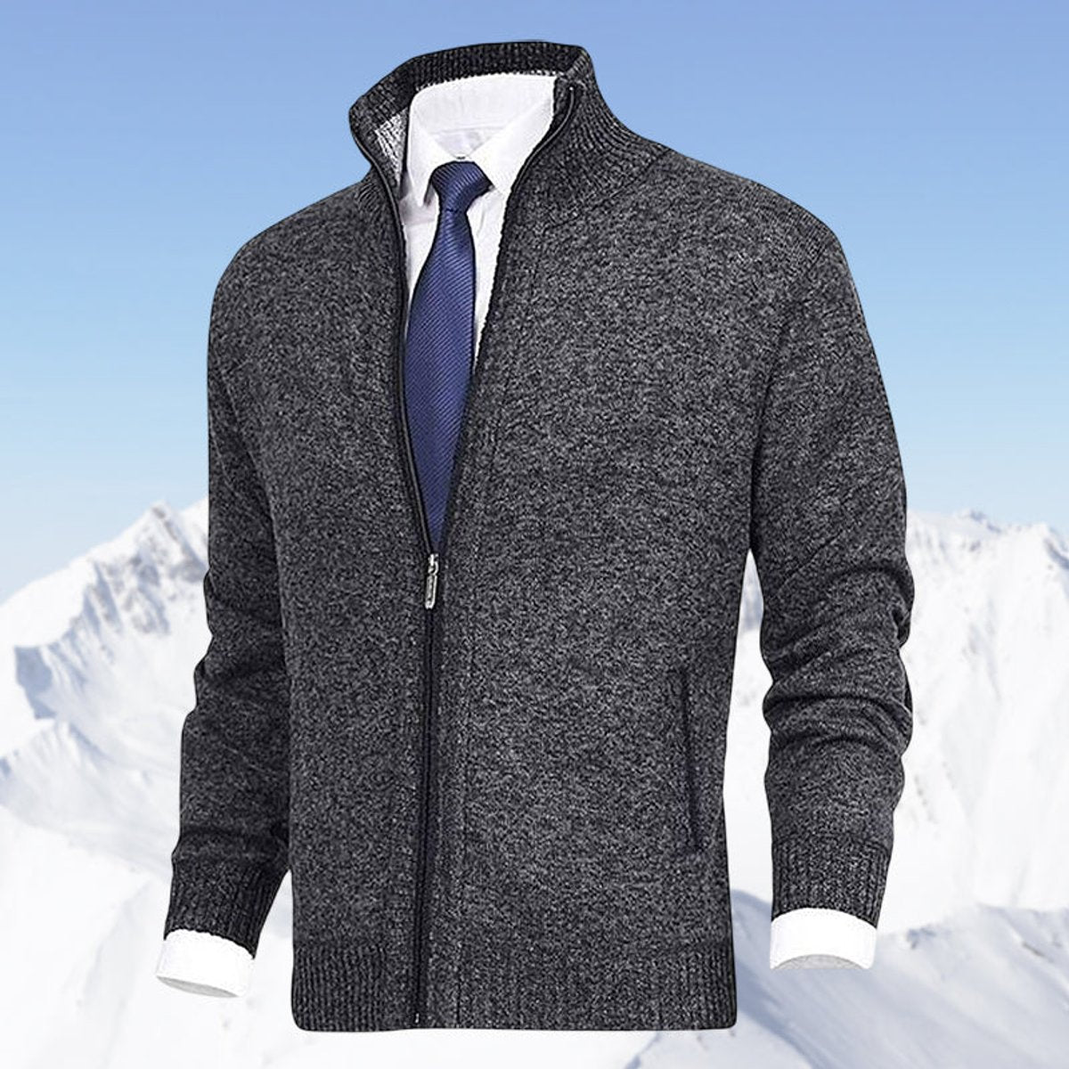 Men's Zip-Up Fleece-Lined Knit Mens Cardigan Sweater - Dark Gray