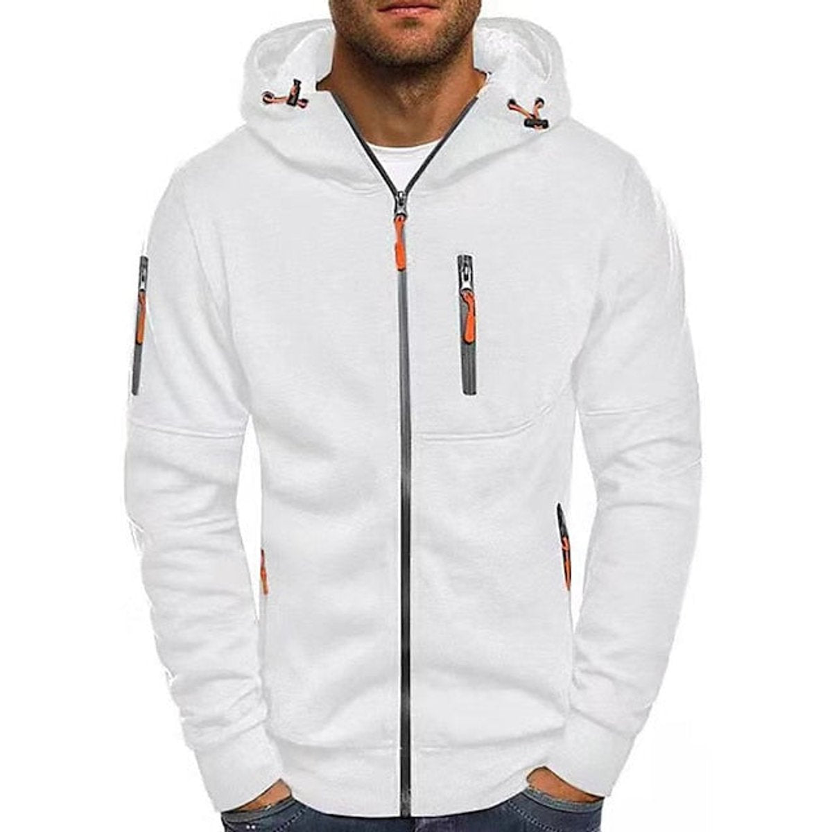 Men's Zip-Up Hooded Mens Knit Sweater Fleece Pullover - White