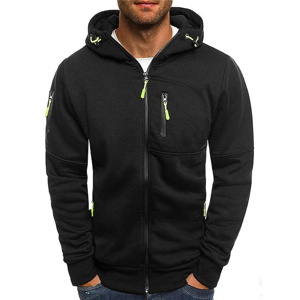 Men's Zip-Up Hooded Mens Knit Sweater Fleece Pullover - Black