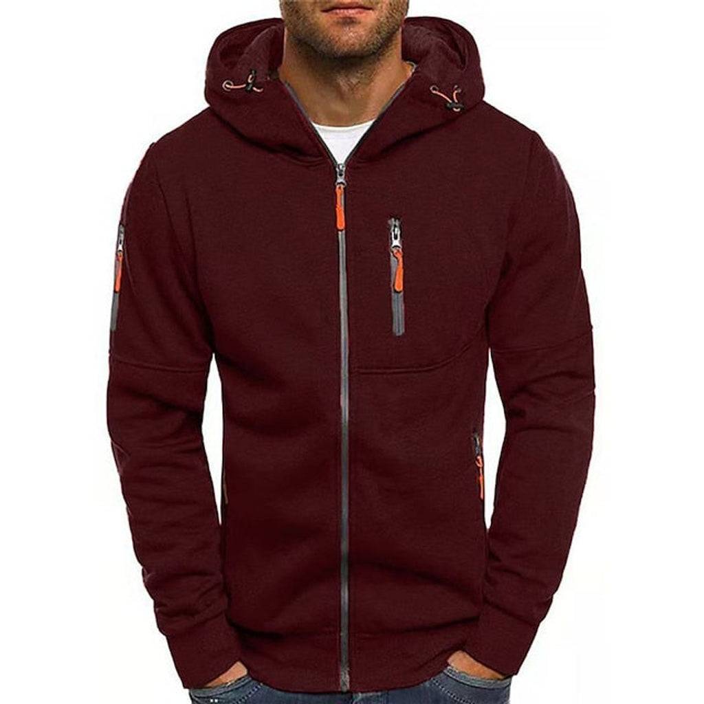 Men's Zip-Up Hooded Mens Knit Sweater Fleece Pullover - Wine