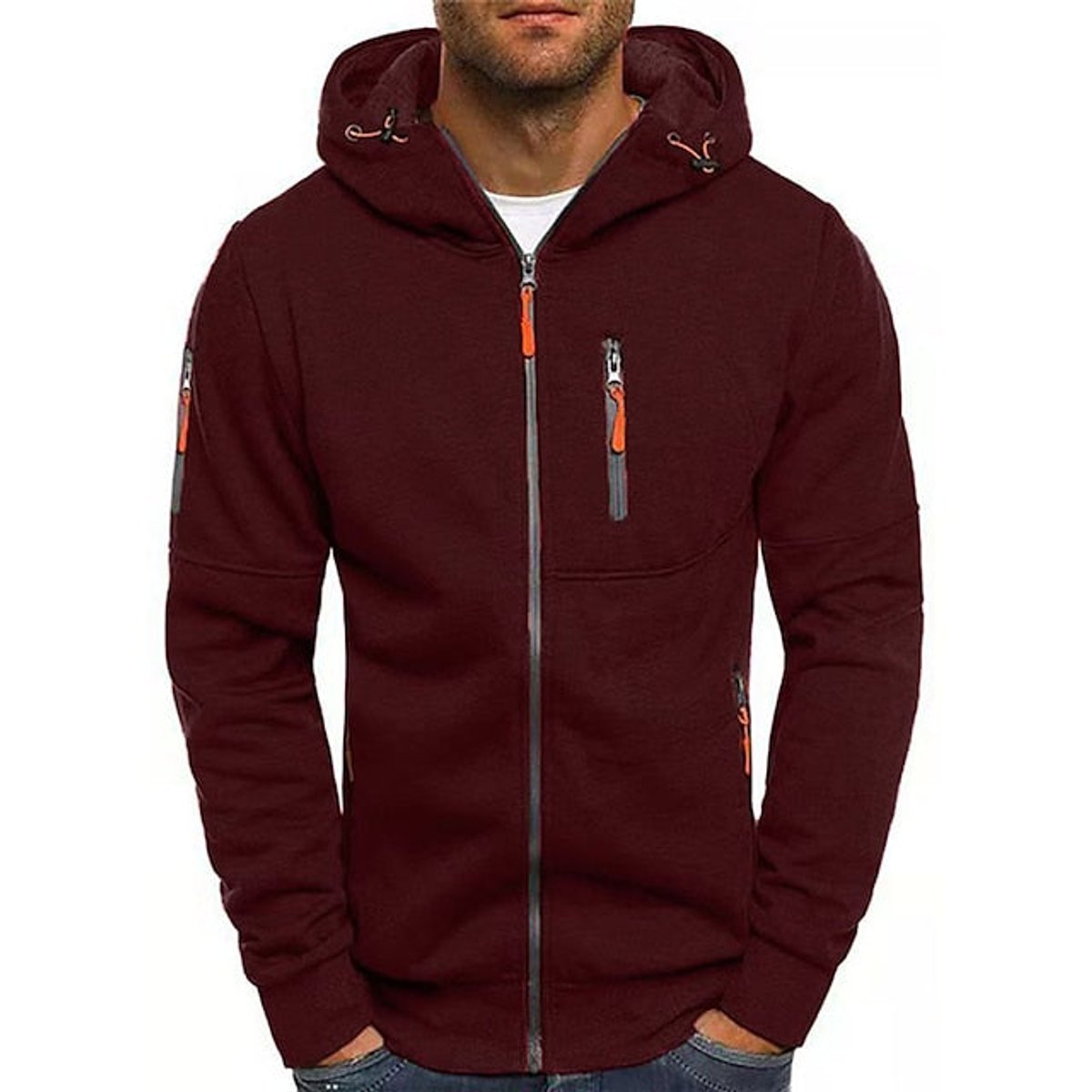 Men's Zip-Up Hooded Mens Knit Sweater Fleece Pullover - Wine