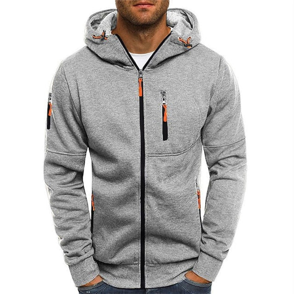 Men's Zip-Up Hooded Mens Knit Sweater Fleece Pullover - Light Gray