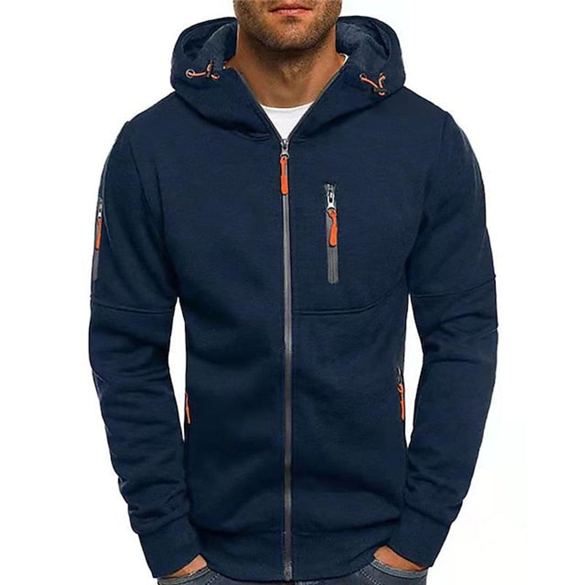 Men's Zip-Up Hooded Mens Knit Sweater Fleece Pullover - Navy