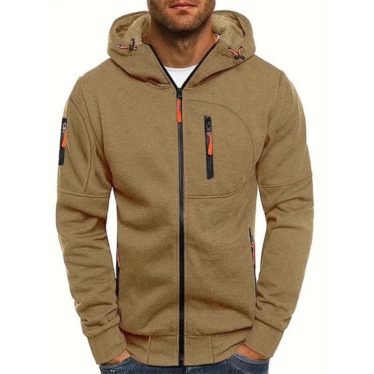 Men's Zip-Up Hooded Mens Knit Sweater Fleece Pullover - Khaki