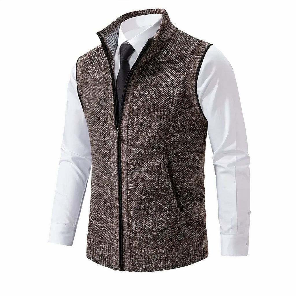 Men's Zip-Up Sleeveless Knit Mens Cardigan Sweater Vest - Brown