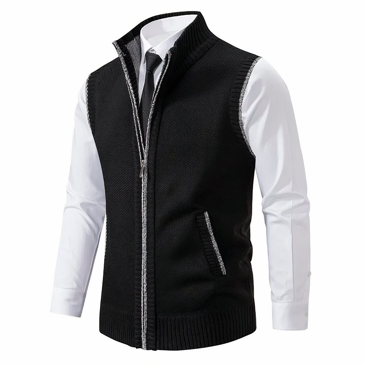 Men's Zip-Up Sleeveless Knit Mens Cardigan Sweater Vest - Black