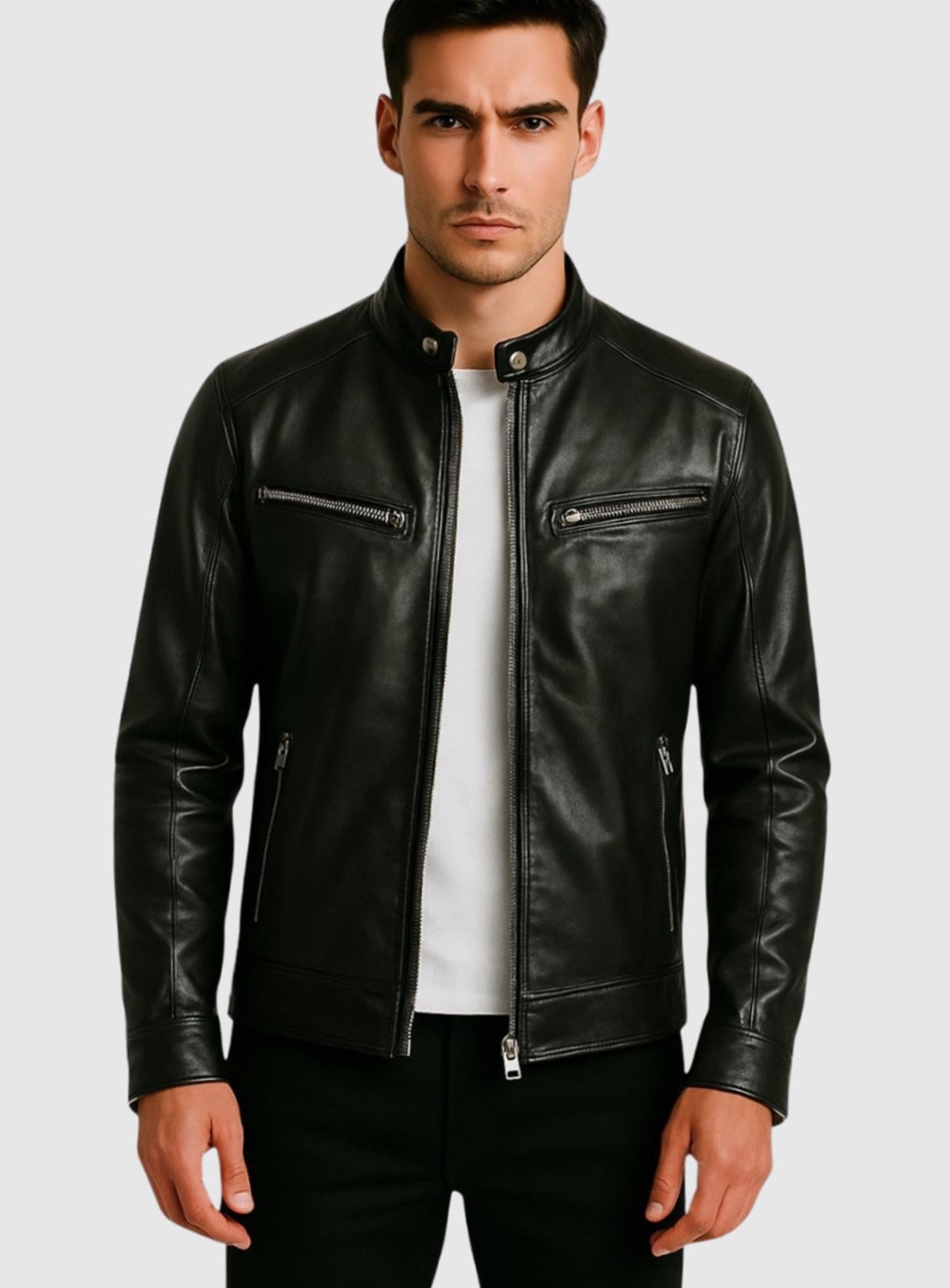Men's Zip-Up Structured Sculpted Faux Leather Biker Jacket