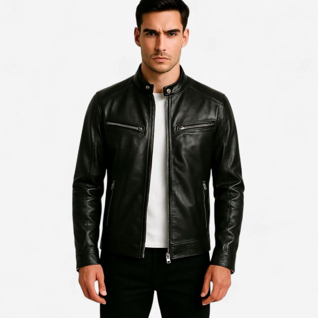 Men's Zip-Up Structured Sculpted Faux Leather Biker Jacket