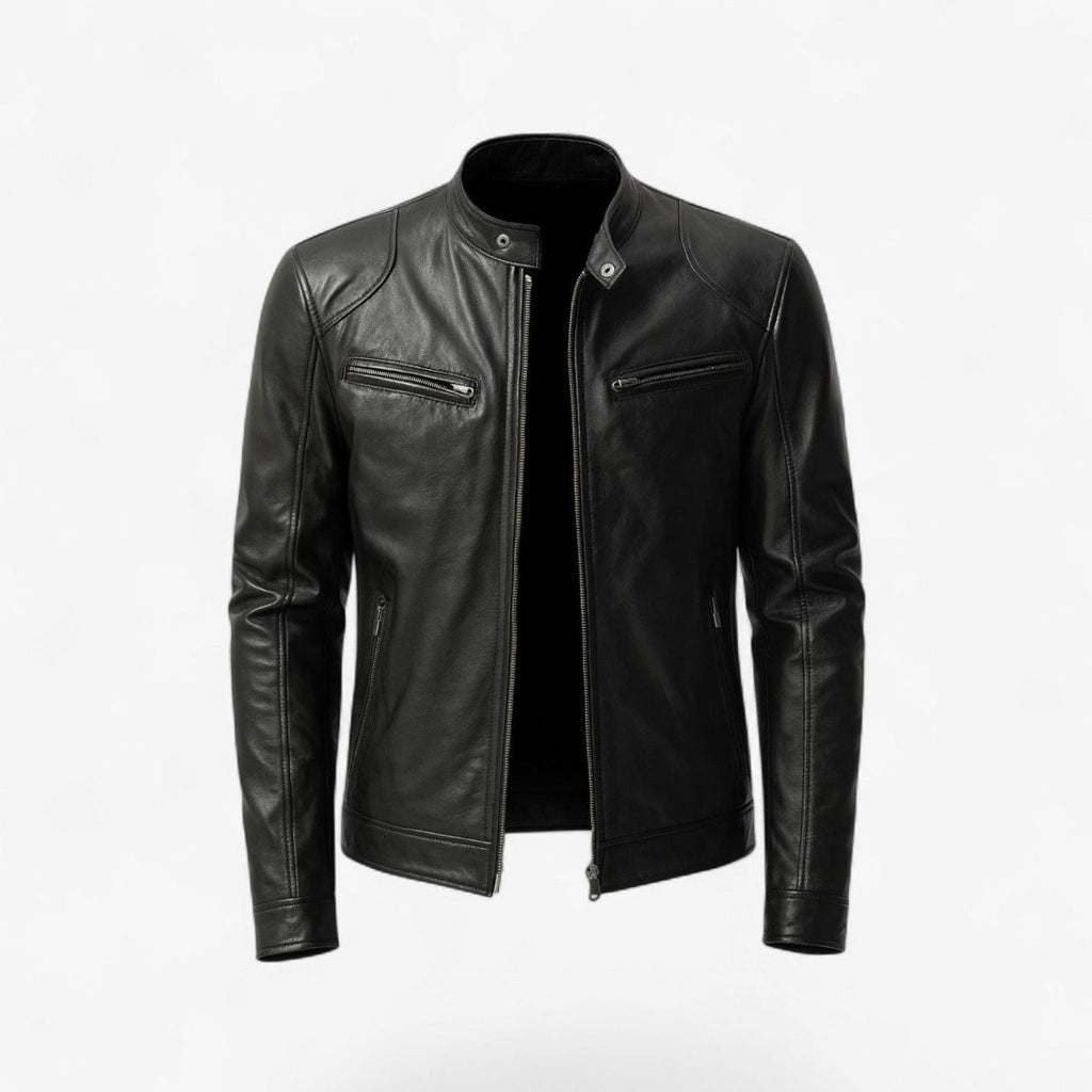 Men's Zip-Up Structured Sculpted Faux Leather Biker Jacket - Black
