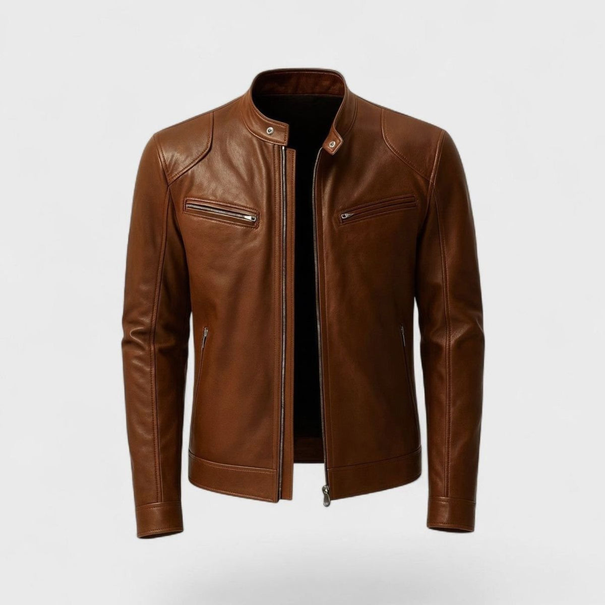 Men's Zip-Up Structured Sculpted Faux Leather Biker Jacket - Brown