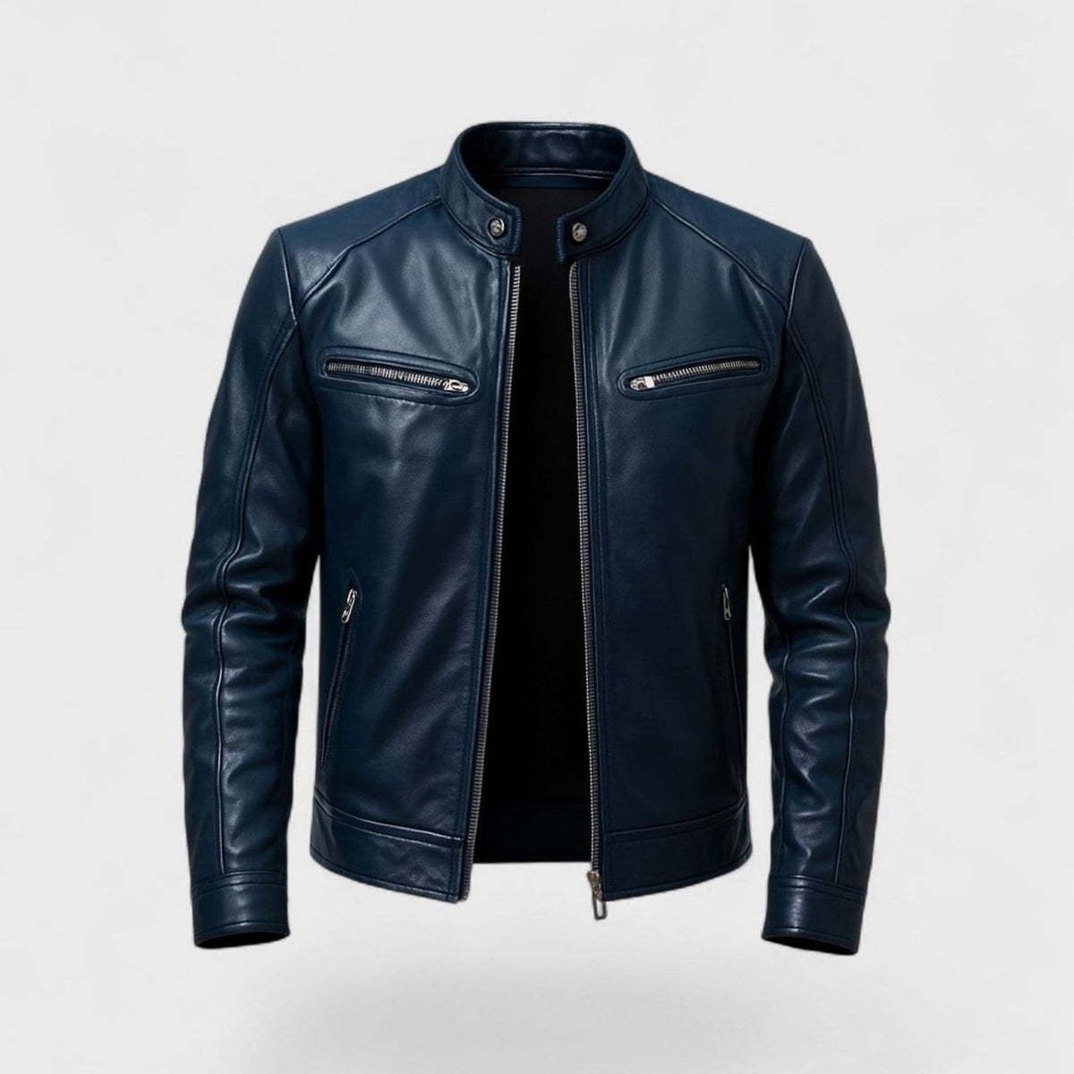 Men's Zip-Up Structured Sculpted Faux Leather Biker Jacket - Dark Blue