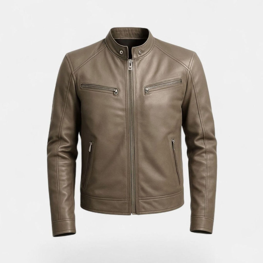 Men's Zip-Up Structured Sculpted Faux Leather Biker Jacket - Khaki