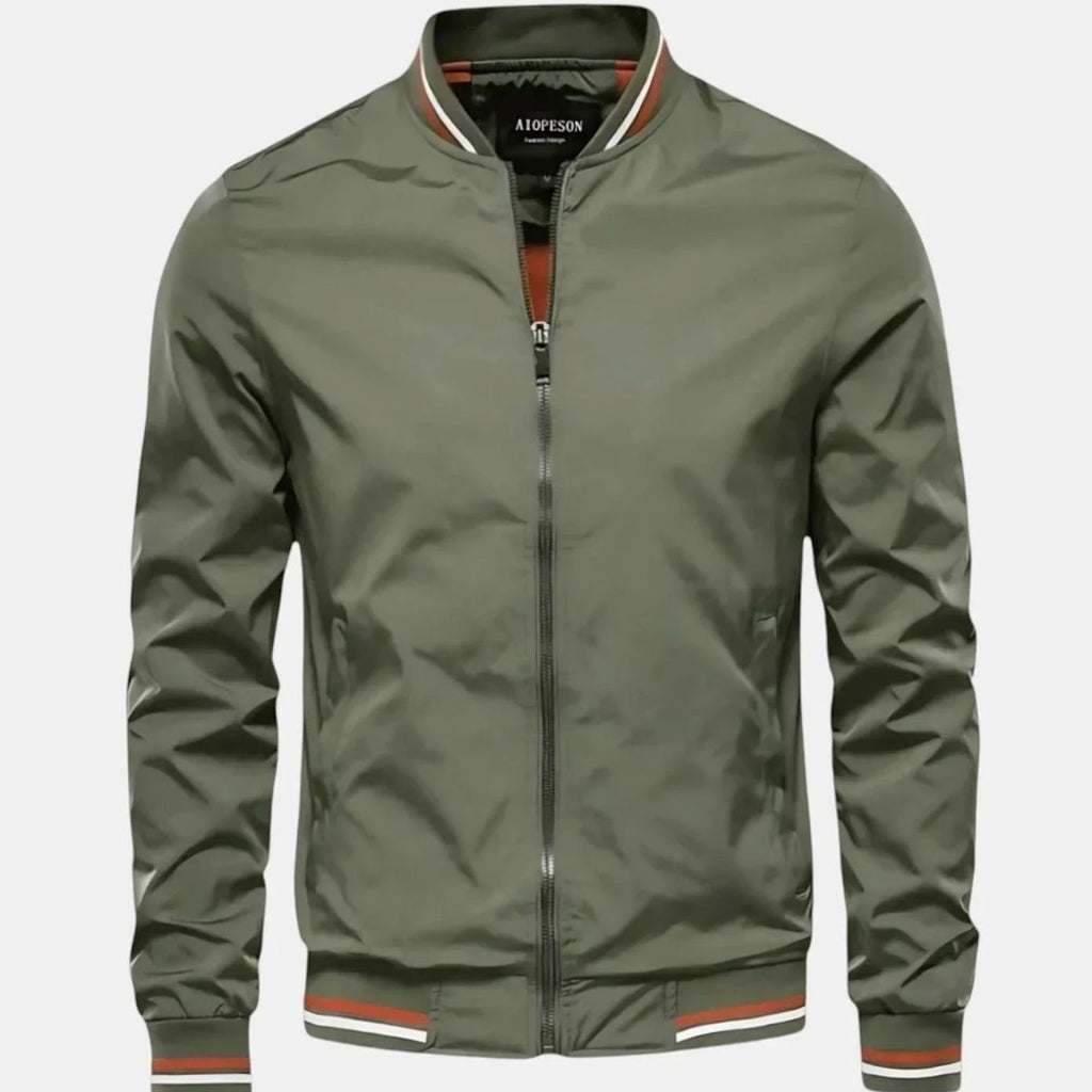 Men's Zip-Up Varsity Bomber Jacket Ribbed Collar - Green