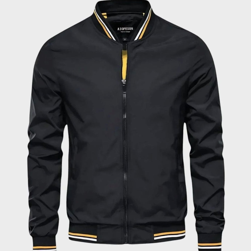 Men's Zip-Up Varsity Bomber Jacket Ribbed Collar - Black