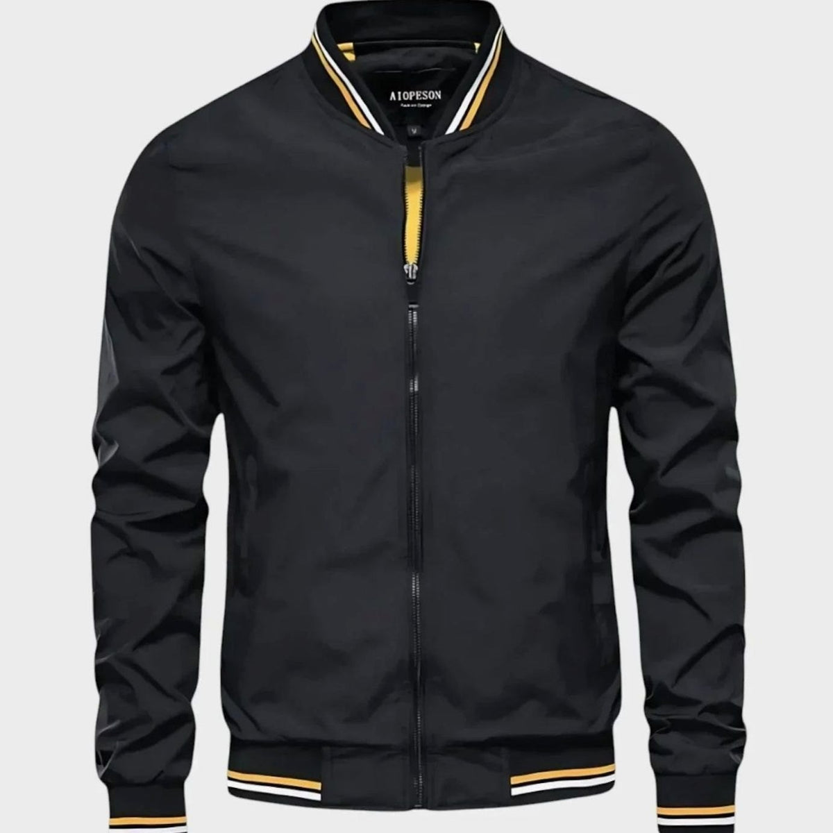Men's Zip-Up Varsity Bomber Jacket Ribbed Collar - Black