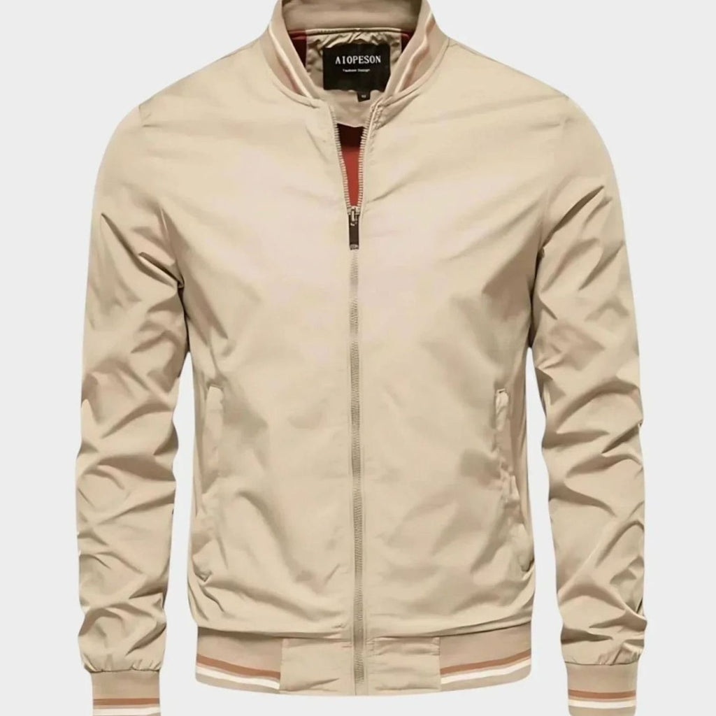 Men's Zip-Up Varsity Bomber Jacket Ribbed Collar - Beige