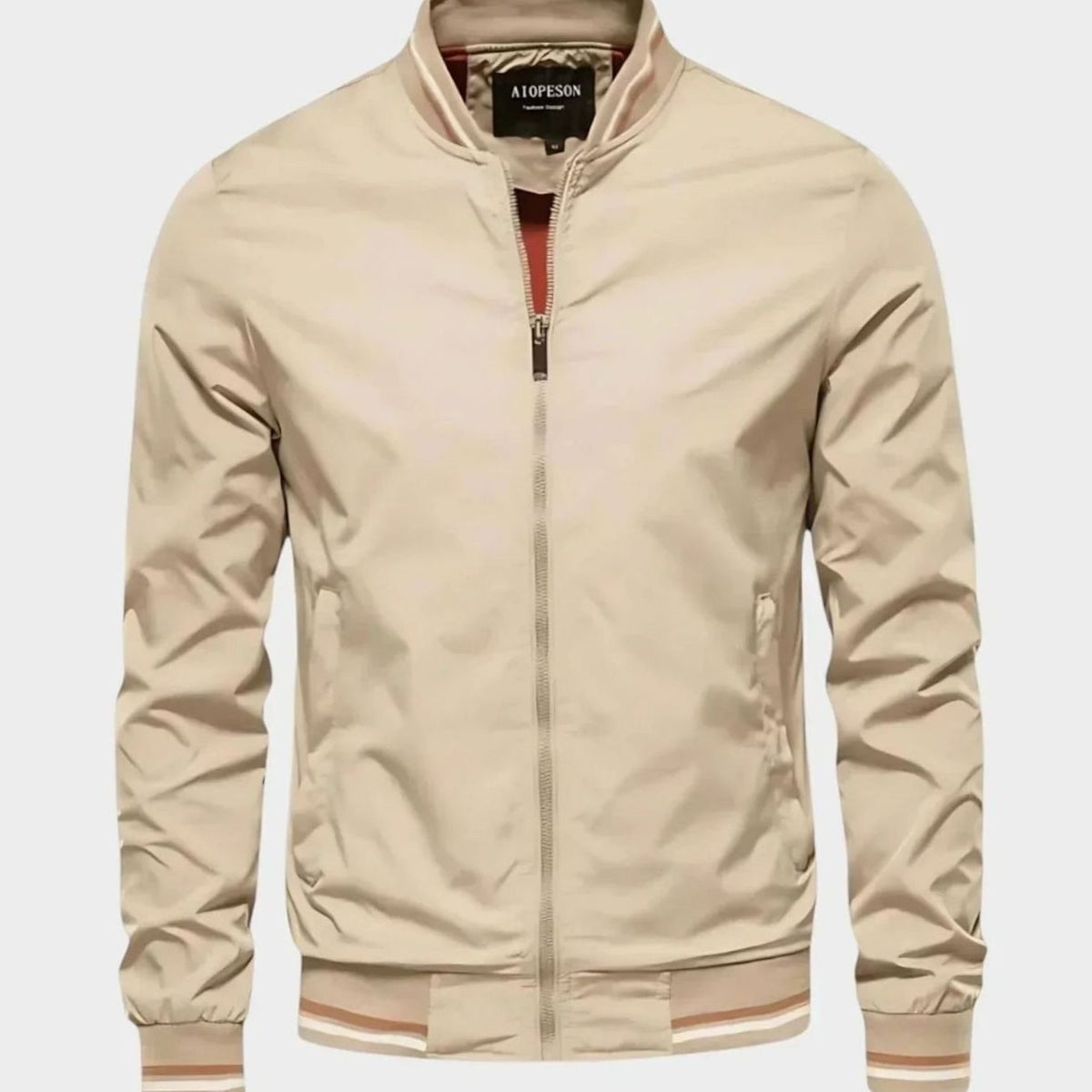 Men's Zip-Up Varsity Bomber Jacket Ribbed Collar - Beige