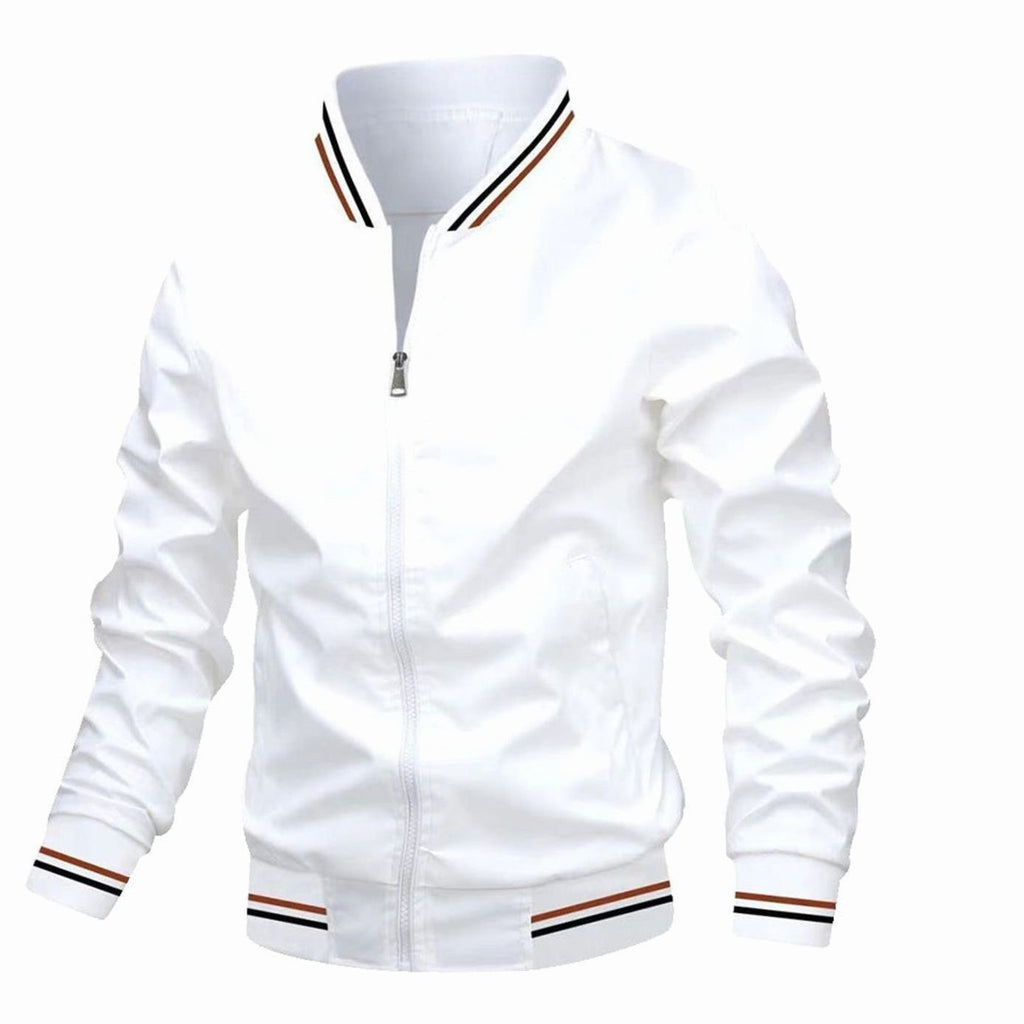Men's Zip-Up Varsity Bomber Jacket Ribbed Collar - White