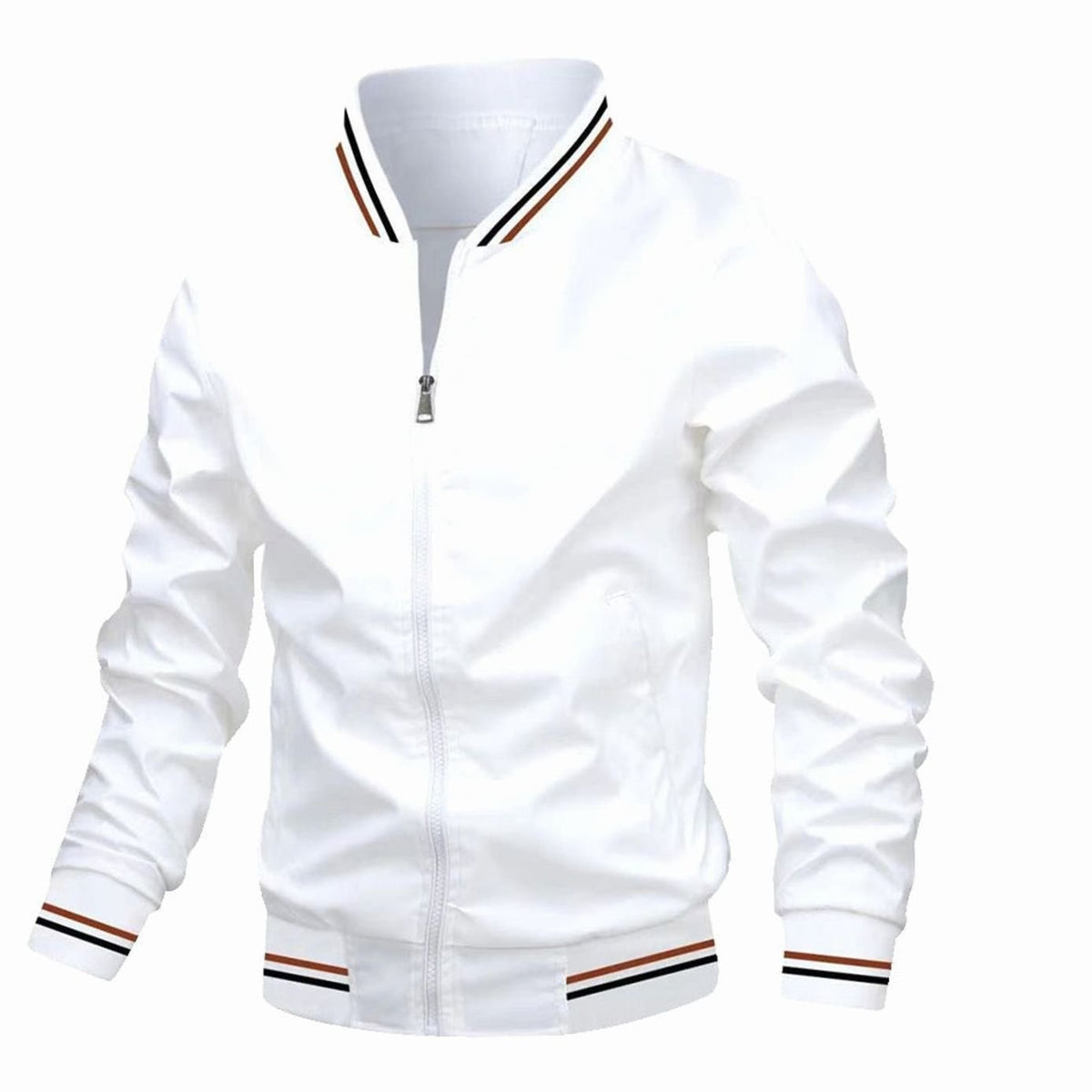 Men's Zip-Up Varsity Bomber Jacket Ribbed Collar - White
