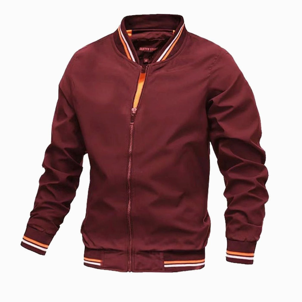 Men's Zip-Up Varsity Bomber Jacket Ribbed Collar - Burgundy