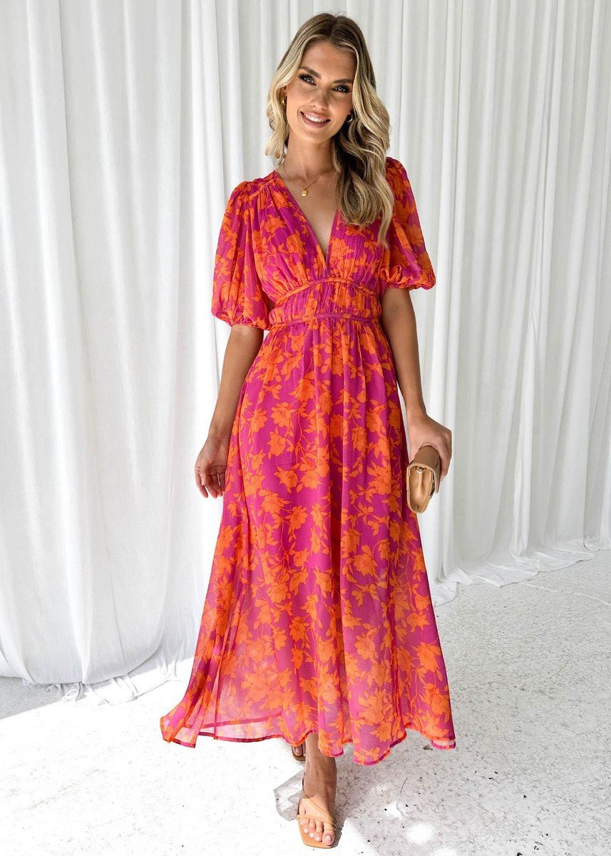 Midi Dress V-Neck Floral Print Short Puff Sleeves - Orange