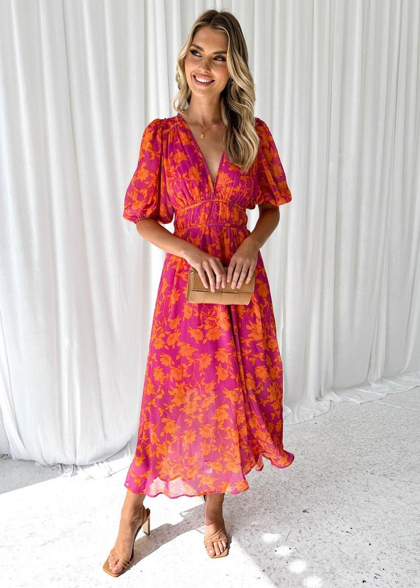 Midi Dress V-Neck Floral Print Short Puff Sleeves