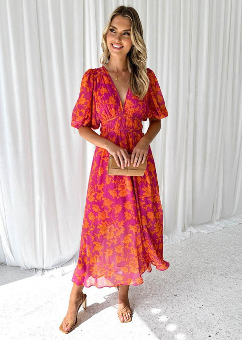 Midi Dress V-Neck Floral Print Short Puff Sleeves