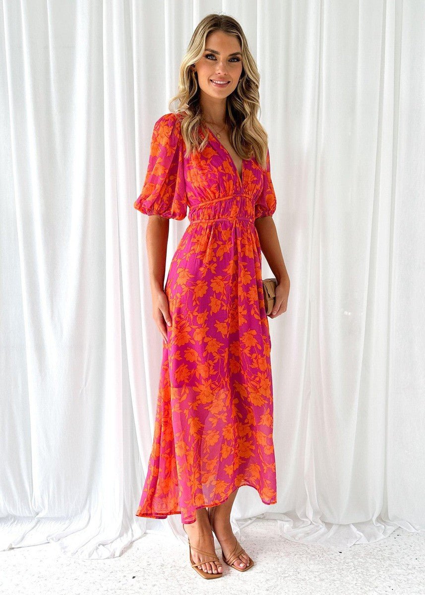 Midi Dress V-Neck Floral Print Short Puff Sleeves