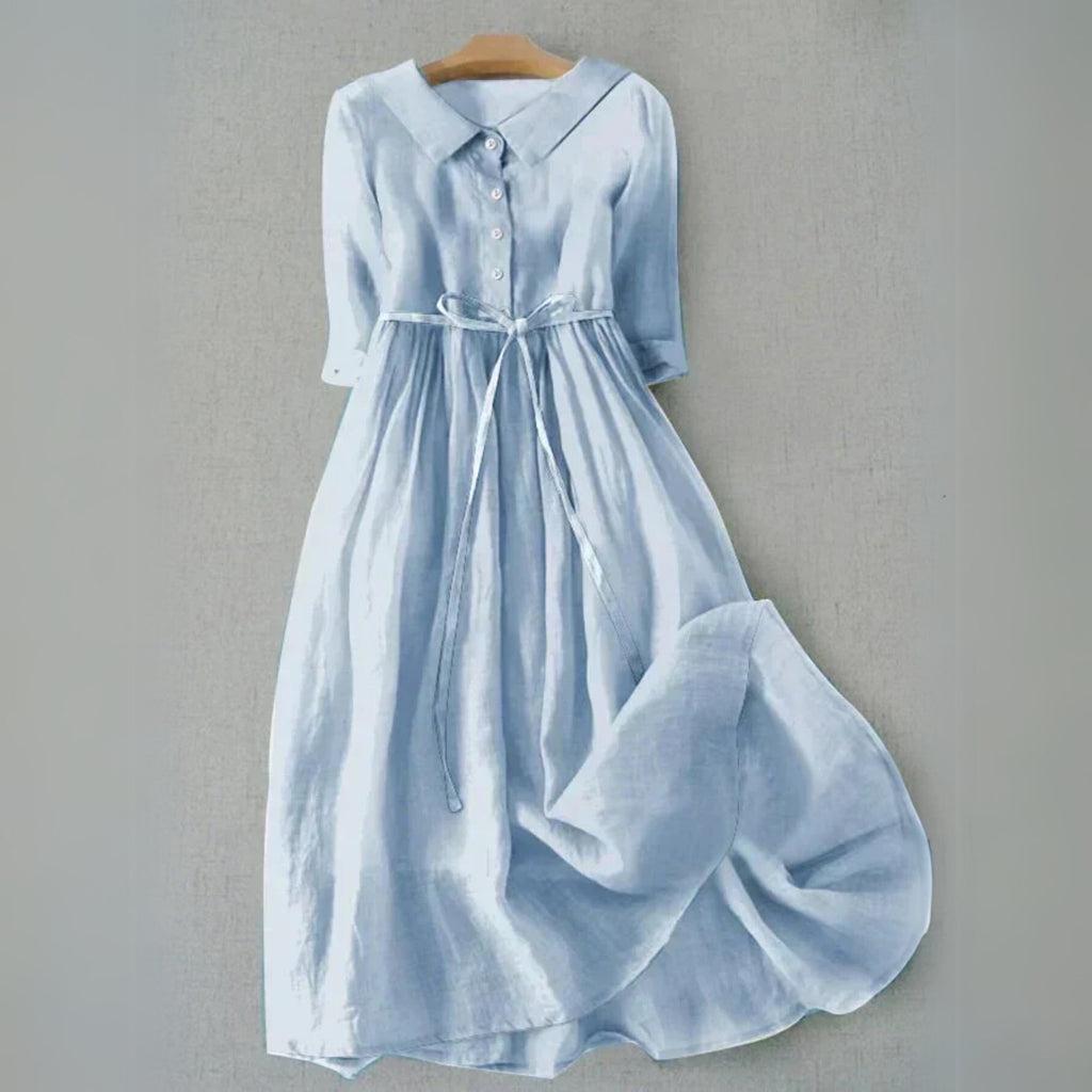 Midi Shirt Dress 3/4 Sleeve Tie Waist - Blue