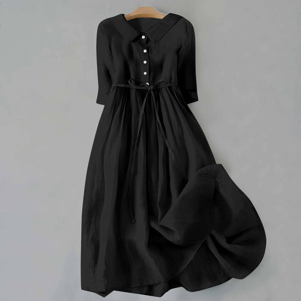 Midi Shirt Dress 3/4 Sleeve Tie Waist - Black