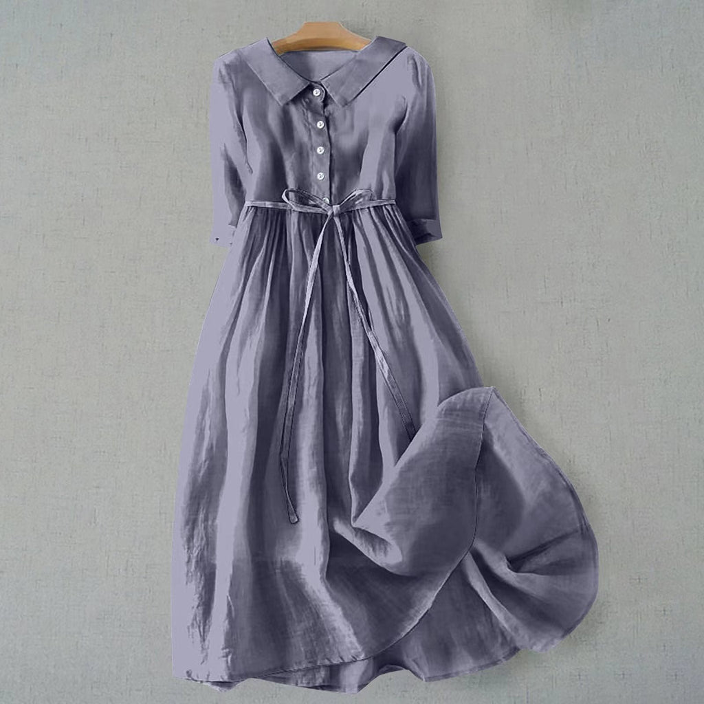 Midi Shirt Dress 3/4 Sleeve Tie Waist - Dark Gray