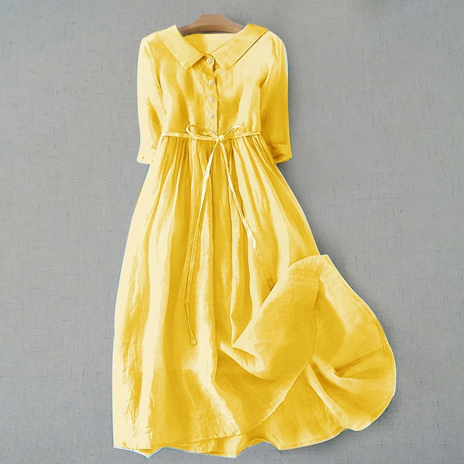 Midi Shirt Dress 3/4 Sleeve Tie Waist - Yellow